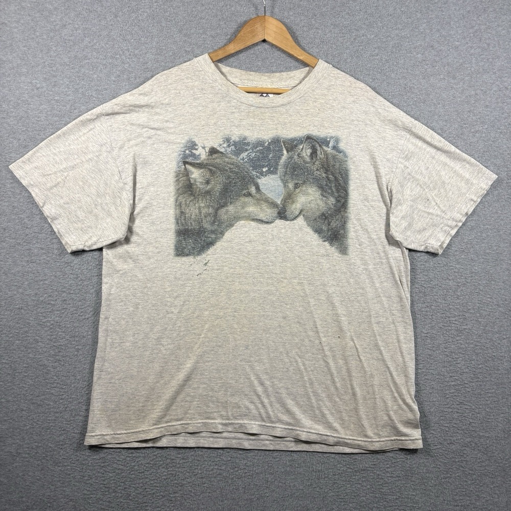 VTG 90s Wolf Graphic Tee XL Heather Gray Nature Animal Wildlife Distressed
